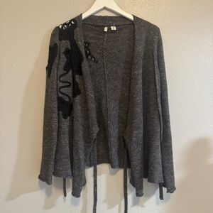 Anthropologie Moth Wool Linen Wrap Sweater Gray Lace Appliqué Bohemian Cardigan
